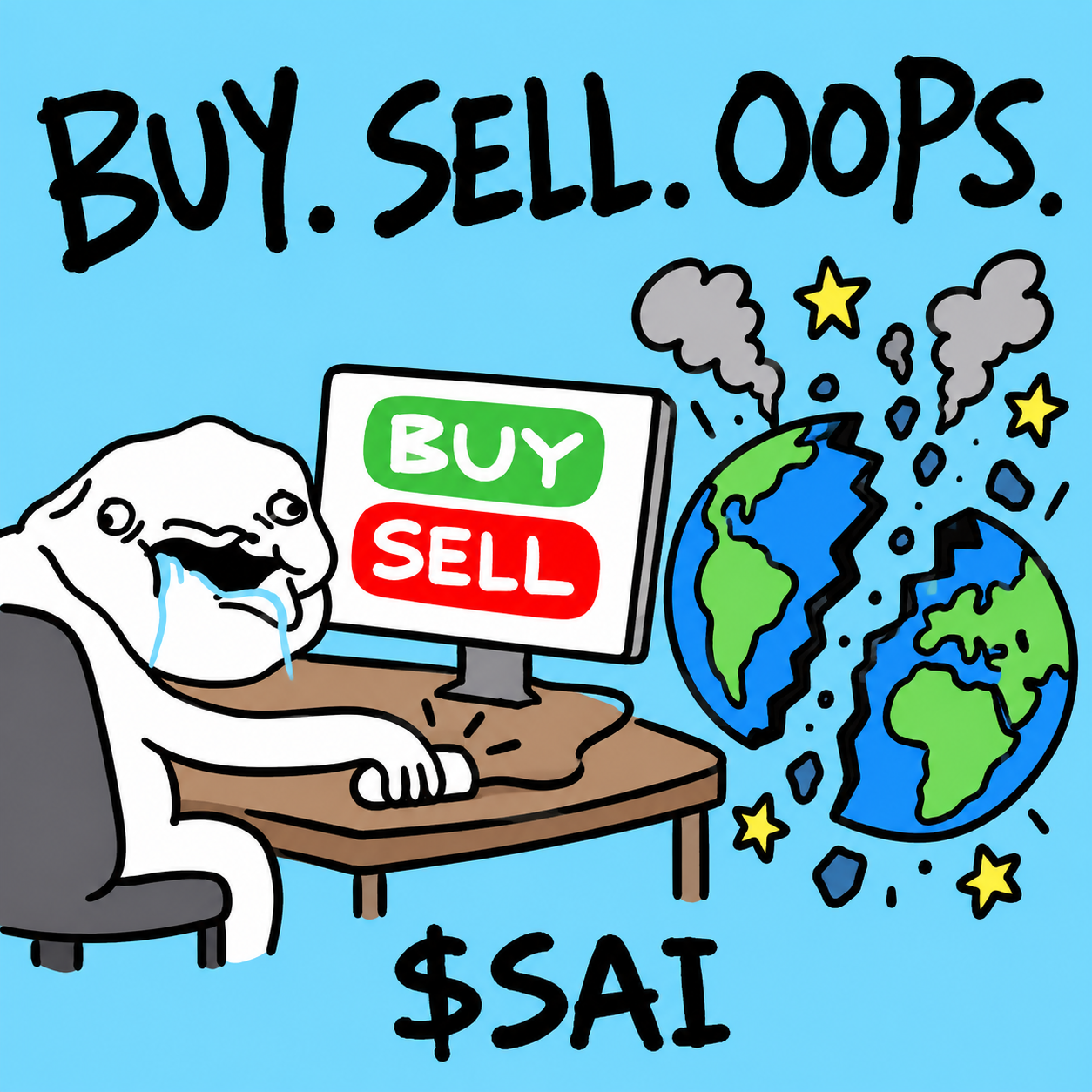 SAI: BUY. SELL. OOPS. The Earth cracks as he trades.